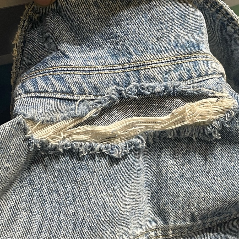 ALLSAINTS Denim Jacket Raw Hem Embroidered Sleeves Ribbed Size XS Washed Blue - Picture 8 of 9